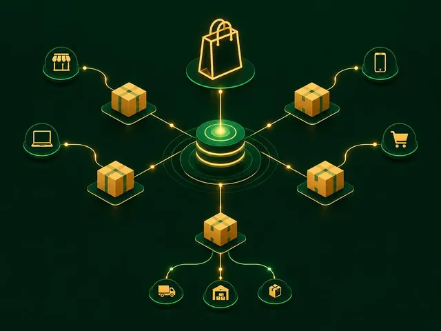 Abstract illustration: a golden shopping hub linking storefront, parcel and delivery icons