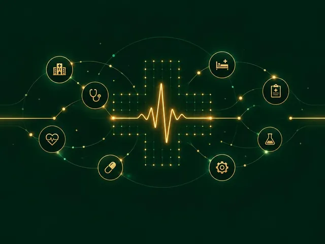 Abstract illustration: a golden heartbeat line linking hospital, care and data icons