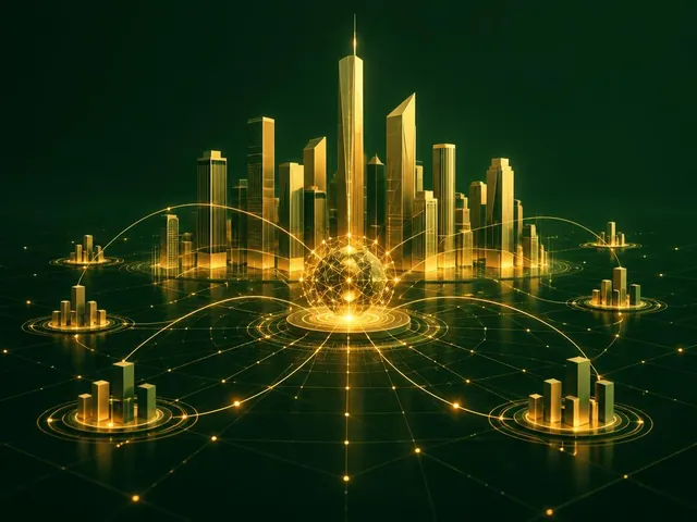 Abstract illustration: a golden city skyline connected to a central data core
