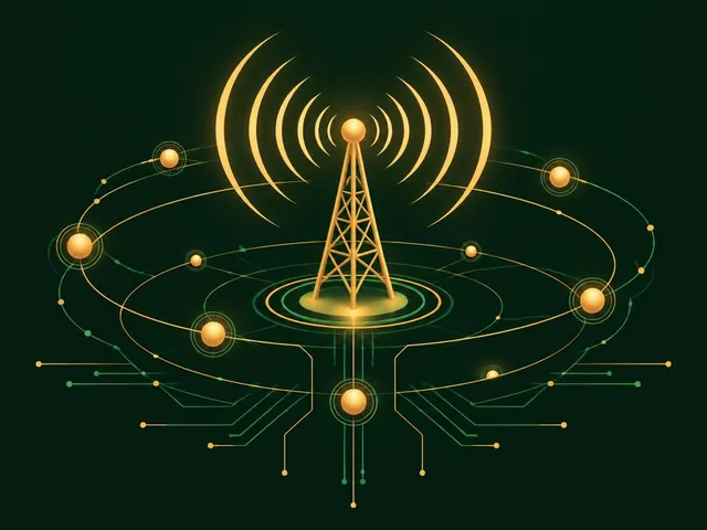 Abstract illustration: a golden signal tower linking orbiting network nodes