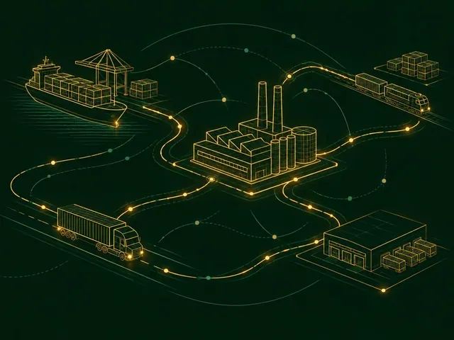 Abstract illustration: golden factory, freight and warehouse forms linked by route lines