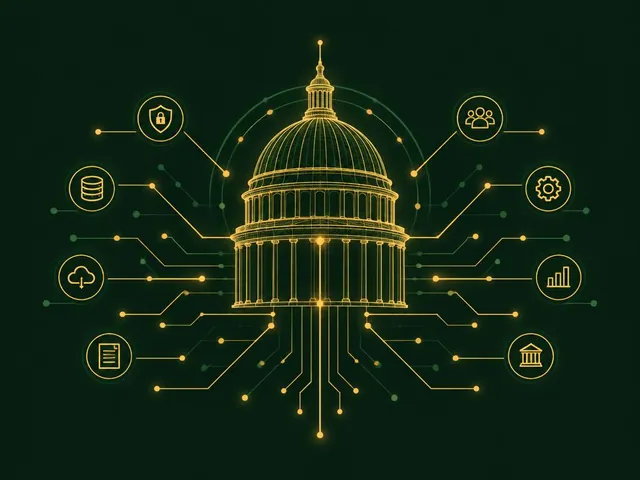Abstract illustration: a golden civic dome connected to secure digital service nodes