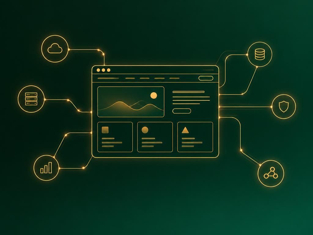 Abstract illustration: a golden website wireframe connected to cloud, data and security nodes